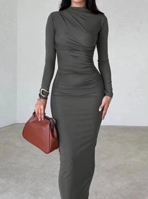 Long Sleeve Ruched Bodycon Maxi Dress