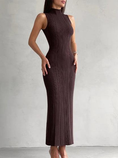 Sleeveless Knit Turtleneck Long Dress